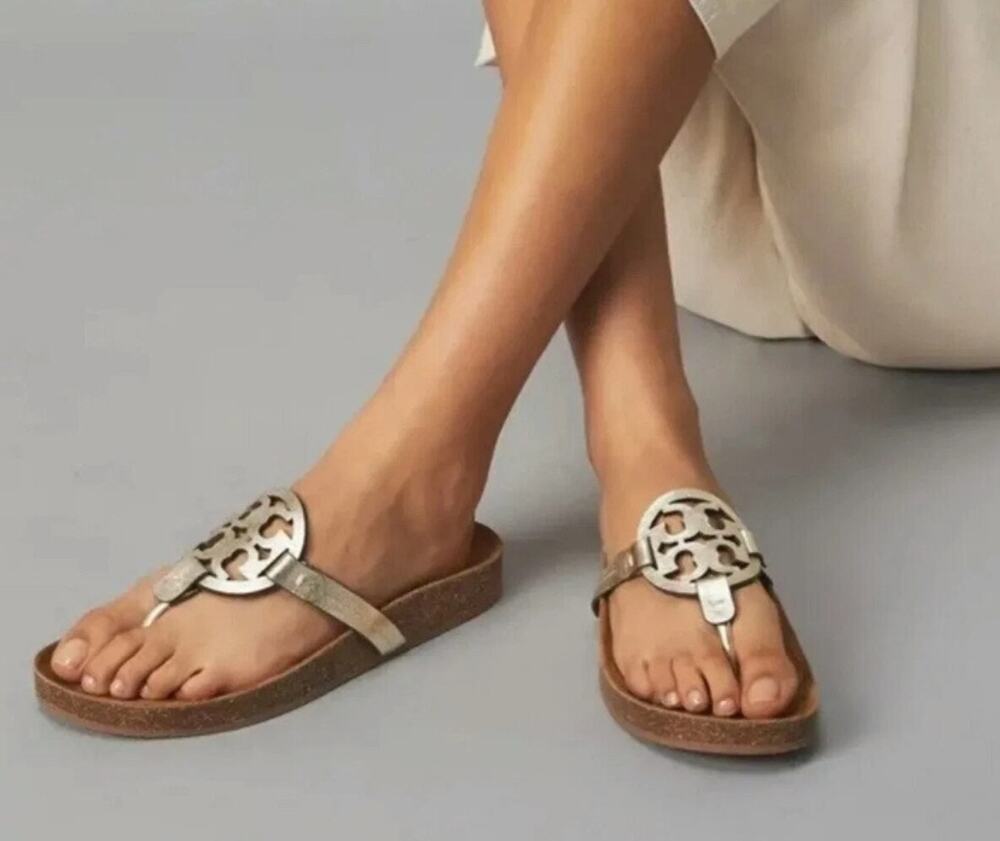 Womens Tory Burch MILLER CLOUD SANDAL Gold Size 8 EUC!